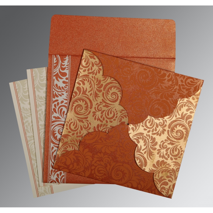 ORANGE SHIMMERY FLORAL THEMED - SCREEN PRINTED WEDDING CARD : W-8235G - 123WeddingCards