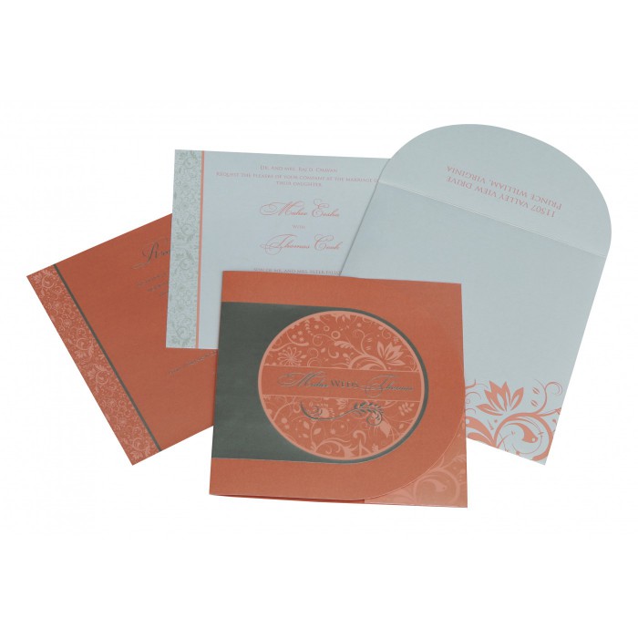 STRONG RED ORANGE SHIMMERY FLORAL THEMED - SCREEN PRINTED WEDDING CARD : W-8264A - 123WeddingCards
