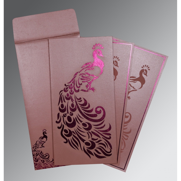 WATERMELON SHIMMERY PEACOCK THEMED - LASER CUT WEDDING INVITATION : IN-8255B - 123WeddingCards