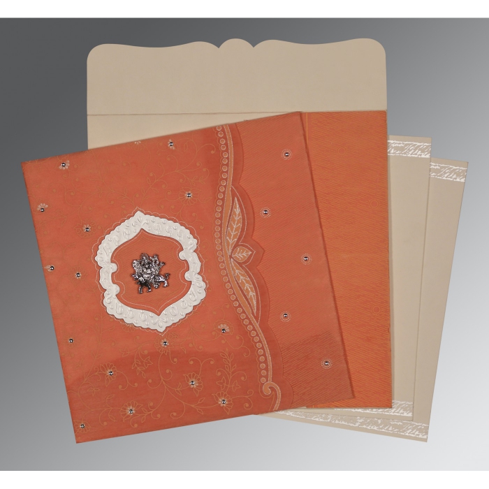ORANGE SHIMMERY FLORAL THEMED - EMBOSSED WEDDING CARD : G-8209A - 123WeddingCards