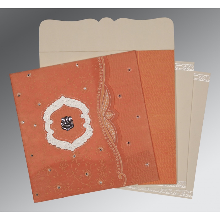 ORANGE SHIMMERY FLORAL THEMED - EMBOSSED WEDDING CARD : W-8209A - 123WeddingCards
