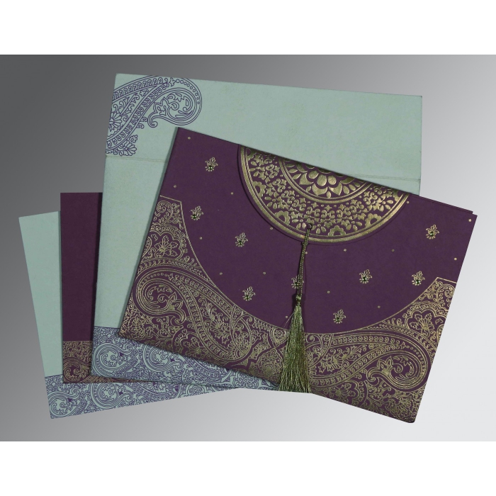 PURPLE HANDMADE COTTON EMBOSSED WEDDING CARD : IN-8234D - 123WeddingCards