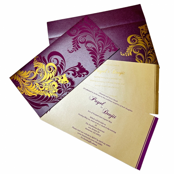 PURPLE SHIMMERY FLORAL THEMED - SCREEN PRINTED WEDDING CARD : IN-8259F - 123WeddingCards