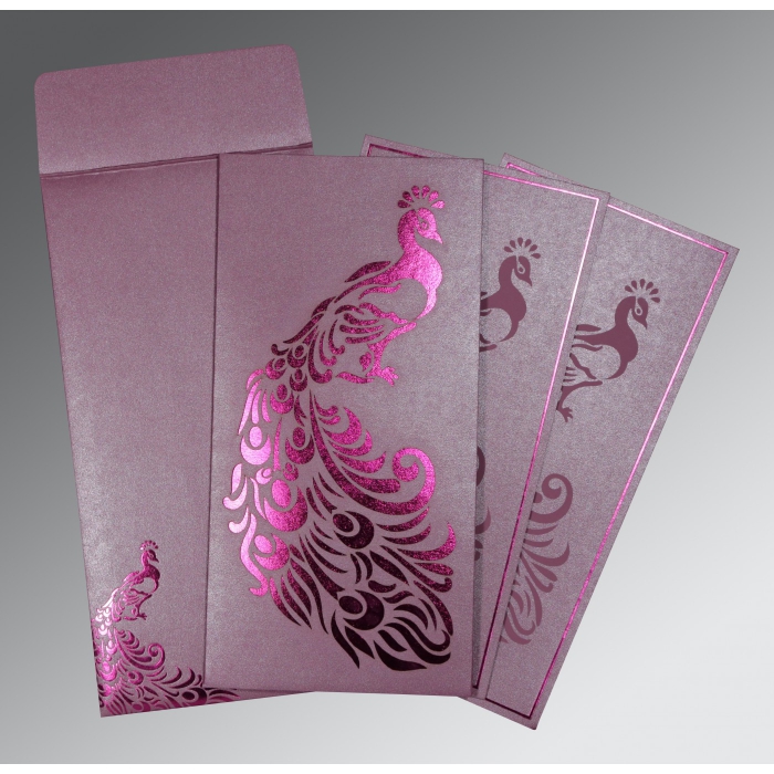 ORCHID SHIMMERY PEACOCK THEMED - LASER CUT WEDDING INVITATION : IN-8255F - 123WeddingCards