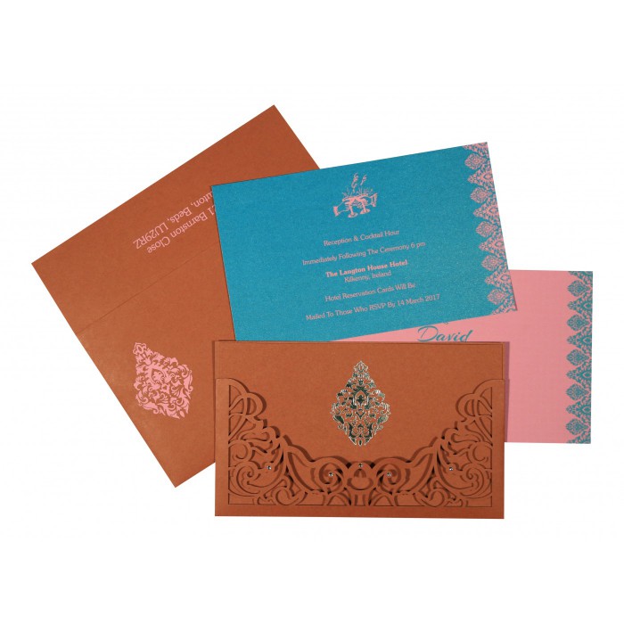 BRICK RED MATTE DAMASK THEMED - LASER CUT WEDDING CARD : IN-8262F - 123WeddingCards