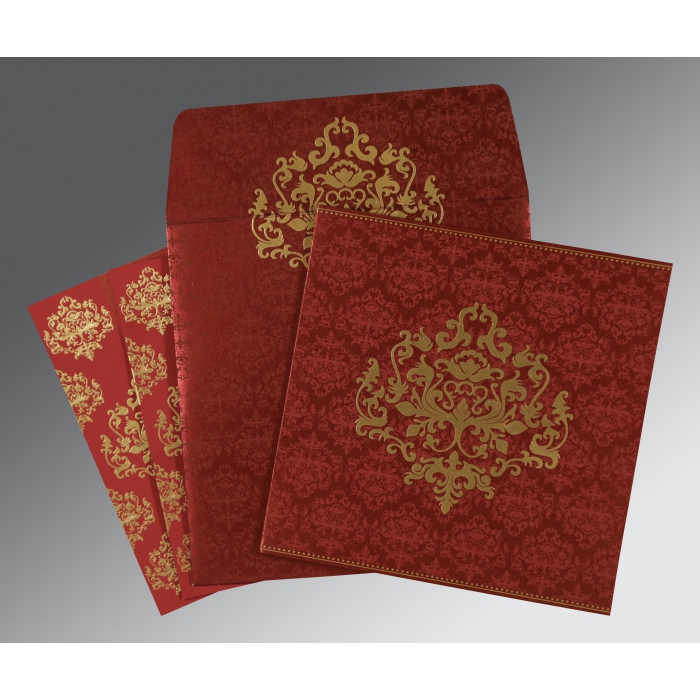 WINE RED SHIMMERY DAMASK THEMED - SCREEN PRINTED WEDDING CARD : IN-8254B - 123WeddingCards