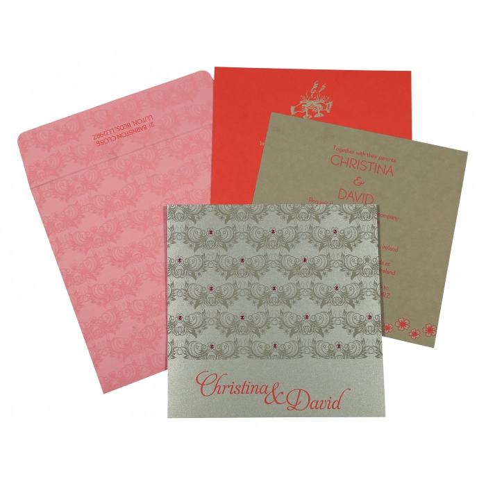 SILVER SHIMMERY BUTTERFLY THEMED - SCREEN PRINTED WEDDING CARD : IN-8258E - 123WeddingCards