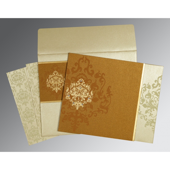MUSTARD YELLOW SHIMMERY DAMASK THEMED - SCREEN PRINTED WEDDING CARD : IN-8253G - 123WeddingCards