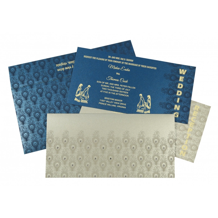 SILVER SHIMMERY PEACOCK THEMED - SCREEN PRINTED WEDDING INVITATION : IN-8256H - 123WeddingCards
