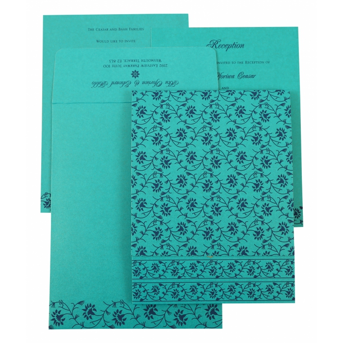 TURQUOISE SHIMMERY FLORAL THEMED - SCREEN PRINTED WEDDING INVITATION : IN-822C - 123WeddingCards