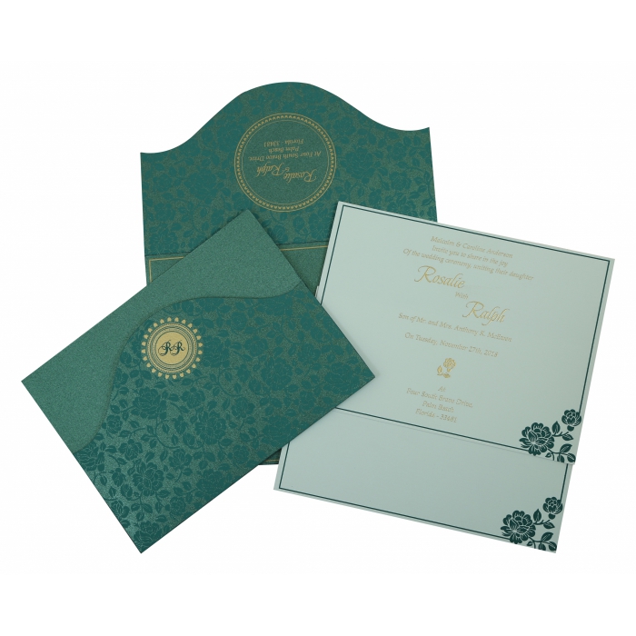 GREEN SHIMMERY FLORAL THEMED - SCREEN PRINTED WEDDING INVITATION : IN-802C - 123WeddingCards