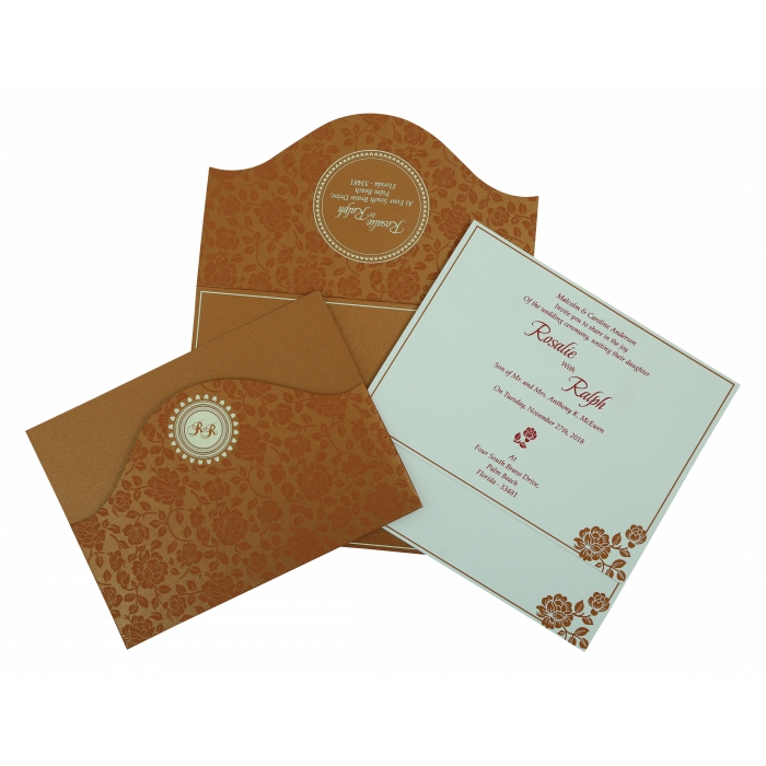 COPPER SHIMMERY FLORAL THEMED - SCREEN PRINTED WEDDING INVITATION : IN-802E - 123WeddingCards