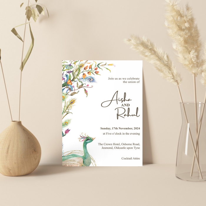 WHITE HANDMADE COTTON PEACOCK THEMED WEDDING INVITATION : PEACOCK-GREEN - 123WeddingCards