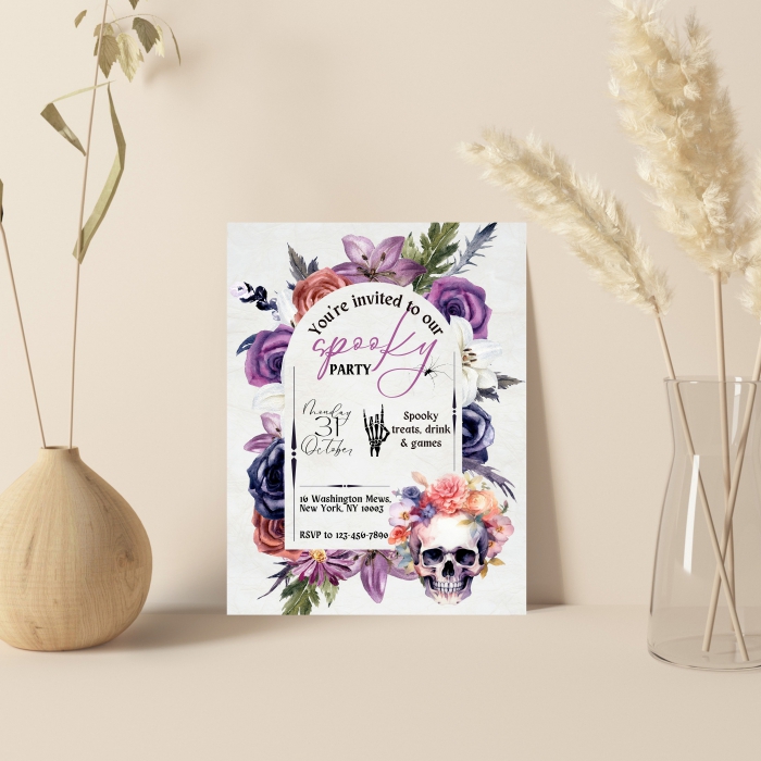 WHITE MATTE WEDDING INVITATION : BLOOMING-SKULL - 123WeddingCards