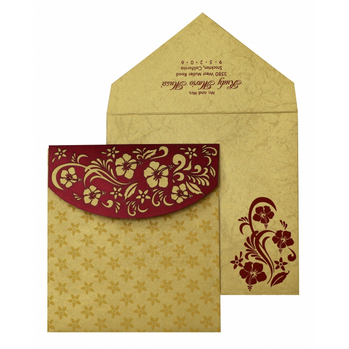 WINE RED SHIMMERY FLORAL THEMED - LASER CUT WEDDING INVITATION : C-828 - 123WeddingCards