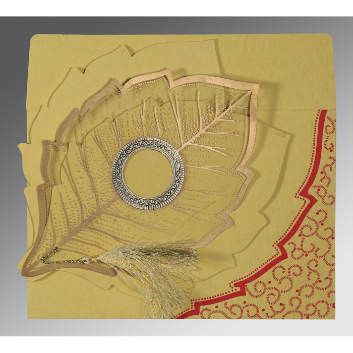 MUSTARD YELLOW HANDMADE COTTON FLORAL THEMED - FOIL STAMPED WEDDING CARD : IN-8219G - 123WeddingCards