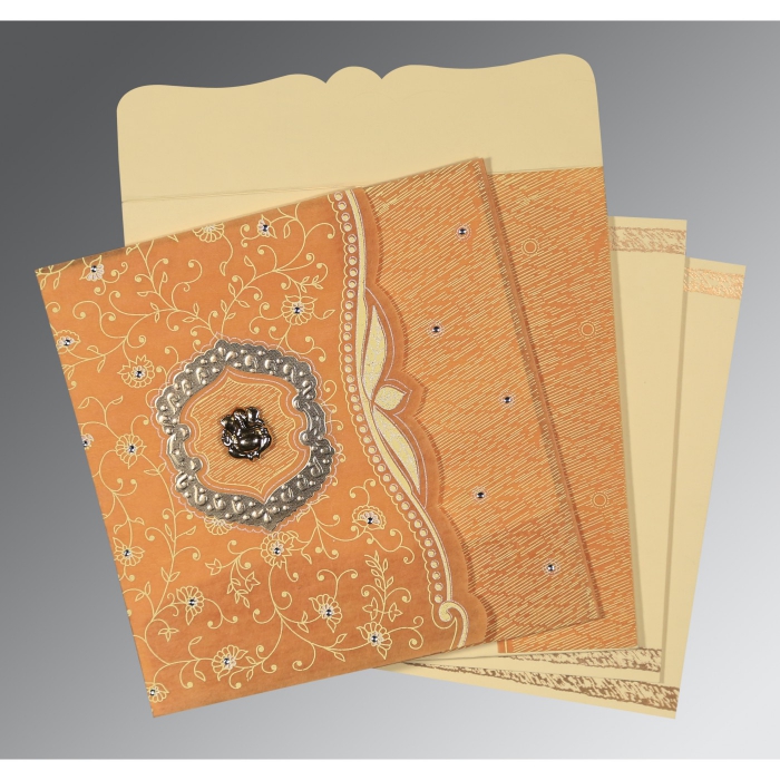 MANGO SHIMMERY FLORAL THEMED - EMBOSSED WEDDING CARD : IN-8209B - 123WeddingCards