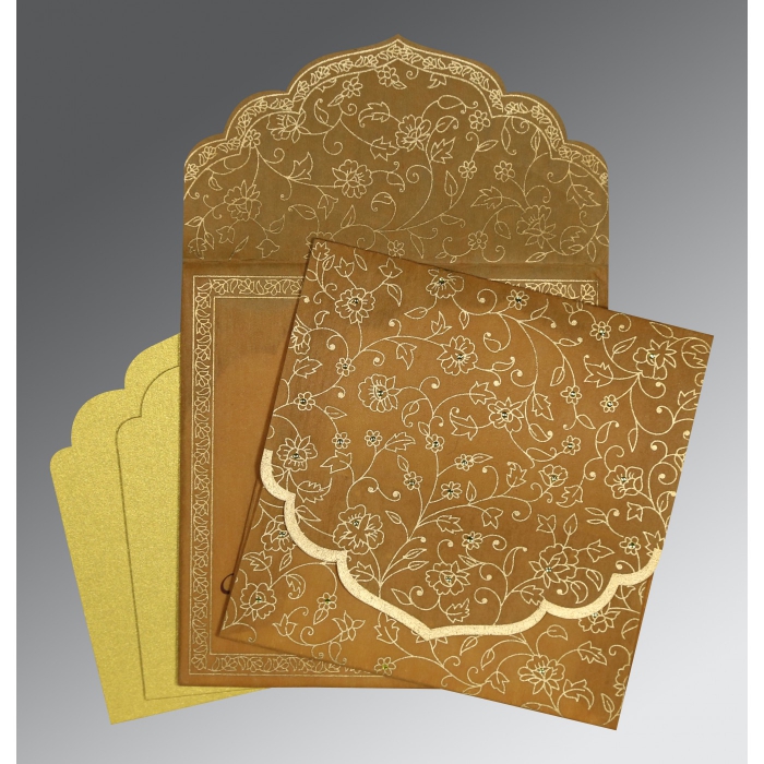 SATIN GOLD WOOLY FLORAL THEMED - SCREEN PRINTED WEDDING INVITATION : IN-8211E - 123WeddingCards