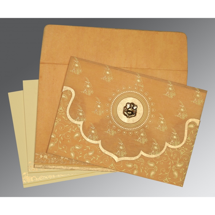 EARTH YELLOW WOOLY SCREEN PRINTED WEDDING INVITATION : IN-8207F - 123WeddingCards