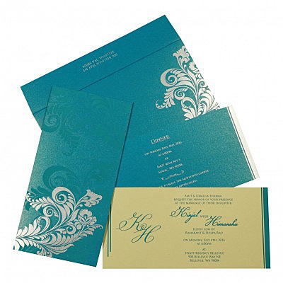 CYAN BLUE SHIMMERY FLORAL THEMED - SCREEN PRINTED WEDDING CARD : IN-8259B