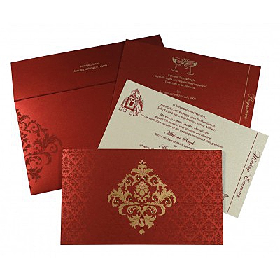 MODERATE RED SHIMMERY DAMASK THEMED - SCREEN PRINTED WEDDING CARD : IN-8257H